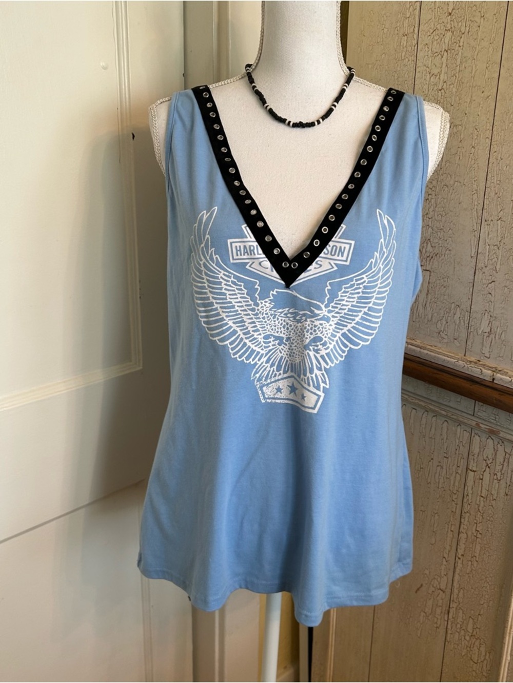 Harley-Davidson Light Blue V-Neck Eagle Tank with Black Trim